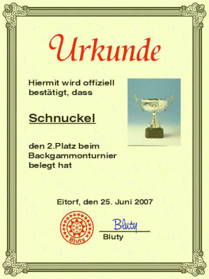 Urkunde Backgammon 2.Platz