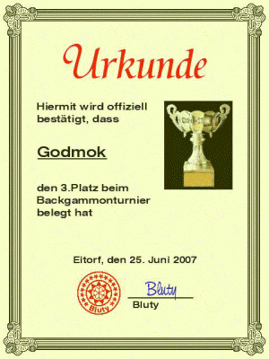 Urkunde Backgammon 3.Platz