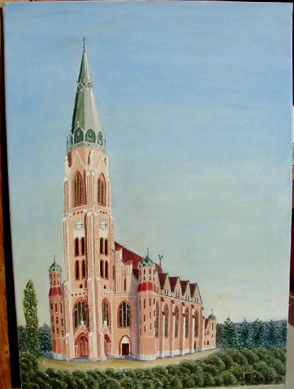 Donaufelderkirche Donaufelderkirche<br><p><br>Öl auf Leinwand, 50 x 70 cm<br><p><br>Zitat aus dem Floridsdorf-Kalender 2005 (Monat April): Zum Bild inspiriert wurde er durch ein Großereignis in Floridsdorf vor 100 Jahren an dem auch sein Urgroßvater teilnahm. Es handelte sich um die Grundsteinlegung der Donaufelderkirche, St. Leopold, durch Kaiser Franz Josef I. am 6.6.1905. Die Kirche ist ein imposantes Bauwerk, mit 96 Metern die dritthöchste Kirche von Wien, das erst in letzter Zeit schön renoviert wurde.