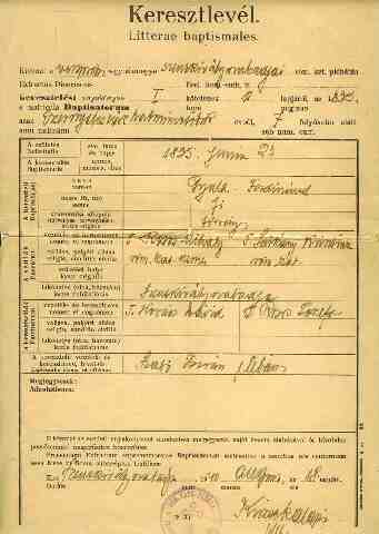 ROSOS Gyula Ferdin�nd keresztlevele (1)
