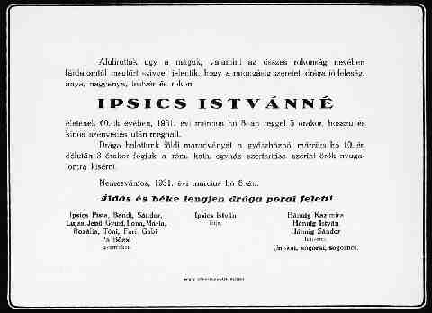 Ipsics Istv�nn�, Hannig Szid�nia gy�szjelent�se (1)