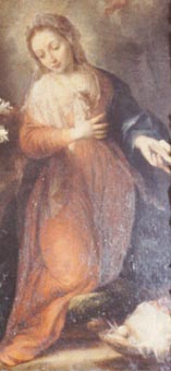 Maria aus dem Verkündigungsbild in der Paulanerkirche, mit dem Handarbeitskorb zu ihren Füssen