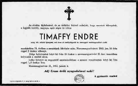 Timaffy Endre gy�szjelent�se �s halotti ak kivonata