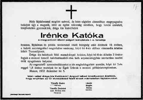 Timaffy Ir�nke Kat�ka gy�szjelent�se �s halotti ak kivonata