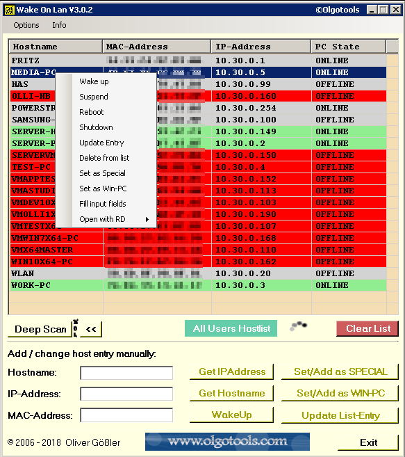 Wake on Lan,PC ueber das Netzwerk einschalten,ausschalten,rebooten,standby by Oliver Geossler